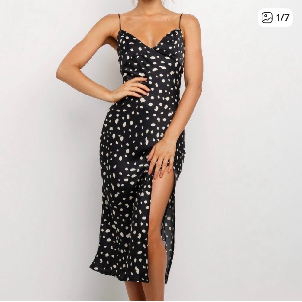 Petal & Pup Black Slip Midi Dress with Cream Dot Print and Side Slit (FLAW)